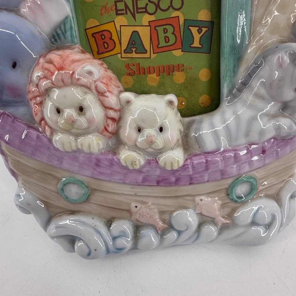 Enesco Baby Shoppe Noahs Ark Ceramic Photo Frame Pastel Animals Nursery Decor